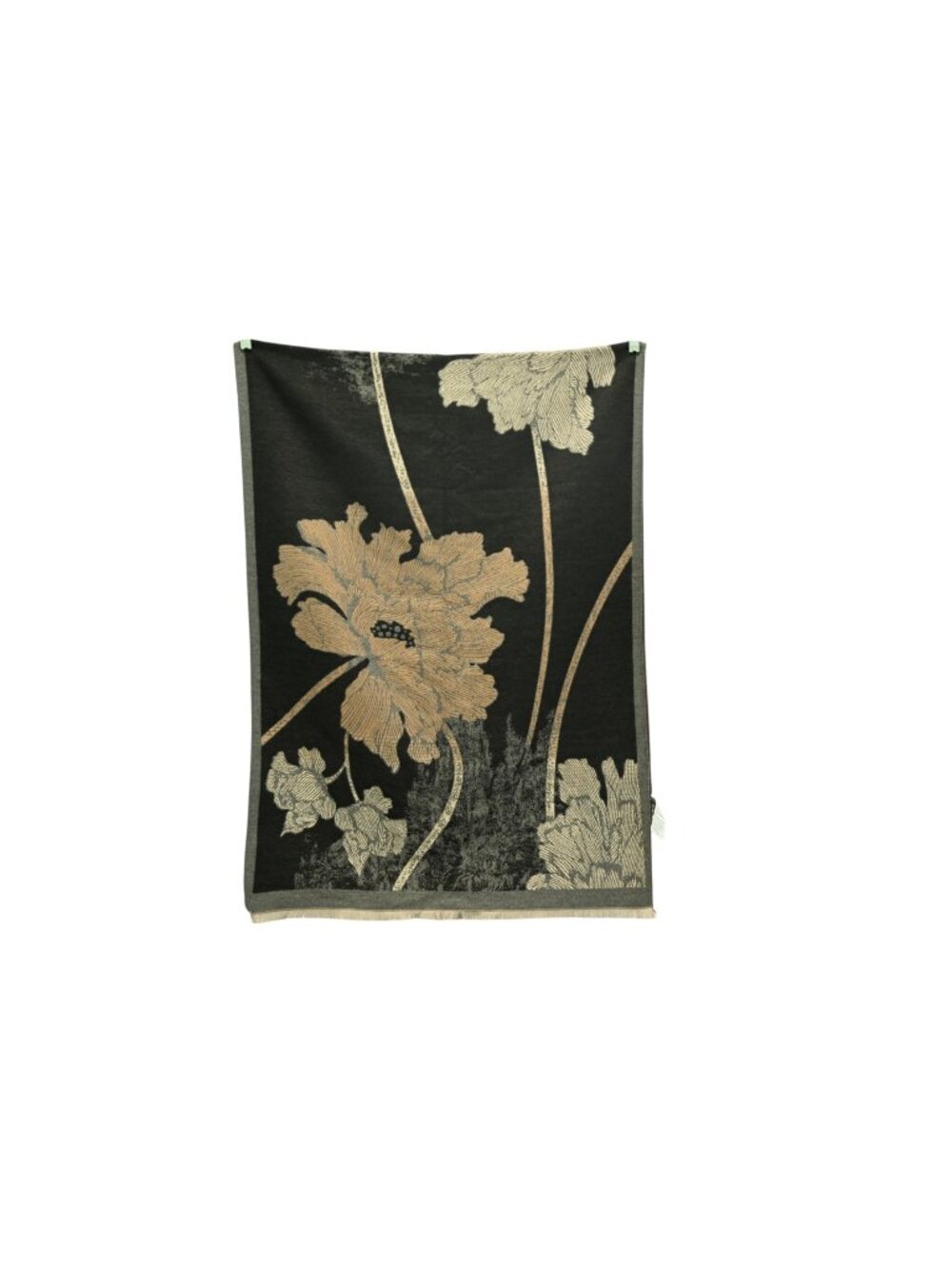 Chico's Rectangle Scarf Gray Black Tan Floral Botanical Fringe Wrap One Size